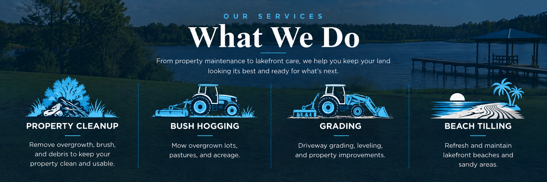 Lakeview Landworks services: property cleanup, bush hogging, grading, and beach tilling